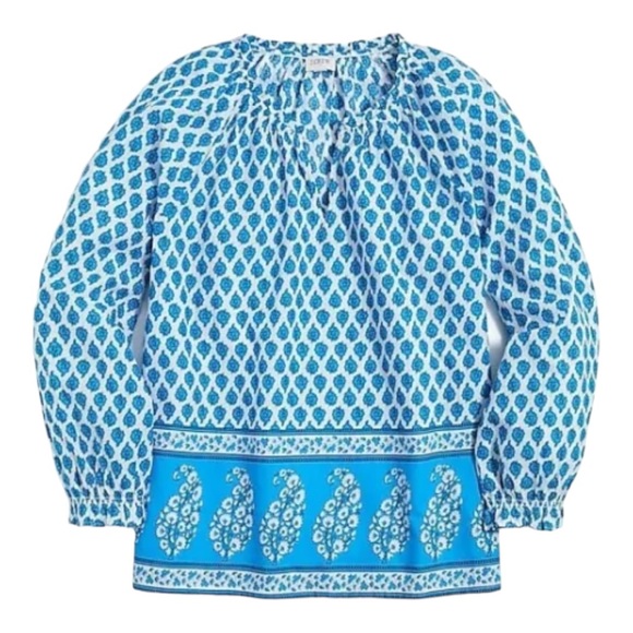 J. Crew Blue & White Block Floral Paisley Print Boho Popover Top - M - Picture 4 of 16